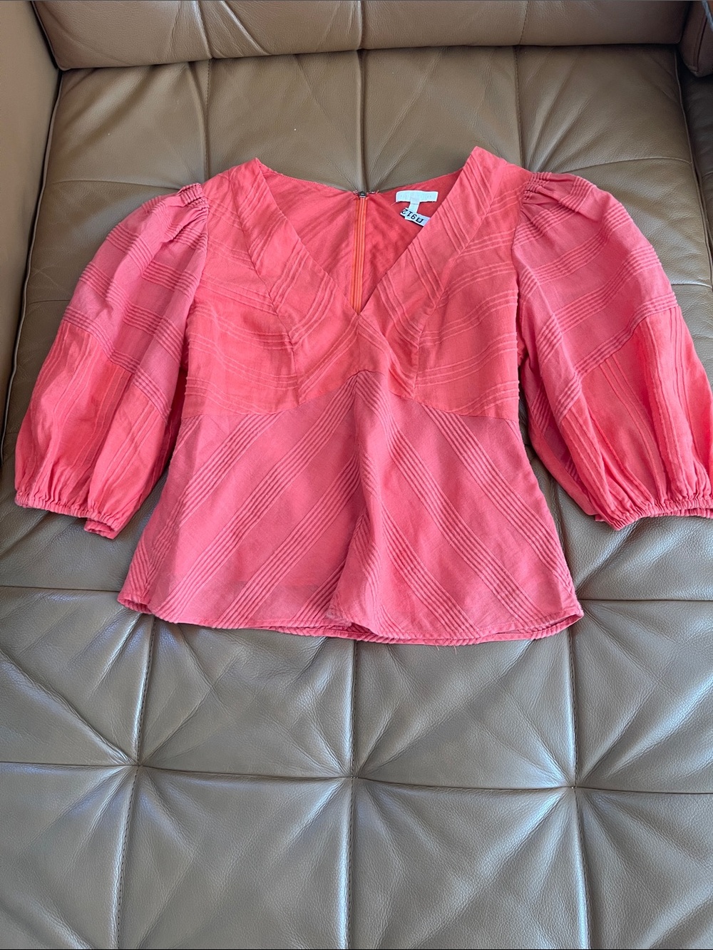Rebecca Taylor Cotton Coral Pink Textured Puff-Sleeve V-Neck Blouse size 6